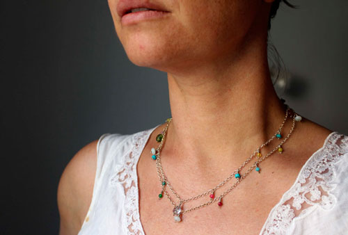 Berlingot, sweet softness necklace, anklet, and bracelet in silver with turquoise, amazonite, jade, quartz, pink tourmaline and green tourmaline