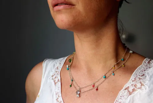 Berlingot, sweet softness necklace, anklet, and bracelet in silver, turquoise, amazonite, jade, quartz, pink tourmaline and green tourmaline