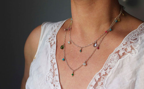 Berlingot, sweet softness necklace, anklet, and bracelet in silver with turquoise, amazonite, jade, quartz, pink tourmaline and green tourmaline