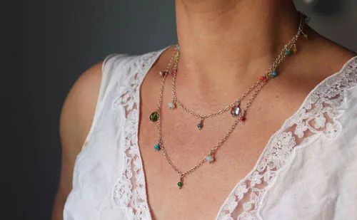 Berlingot, sweet softness necklace, anklet, and bracelet in silver, turquoise, amazonite, jade, quartz, pink tourmaline and green tourmaline