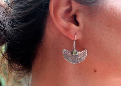 Biloba, ginkgo leaf earrings in silver and peridot