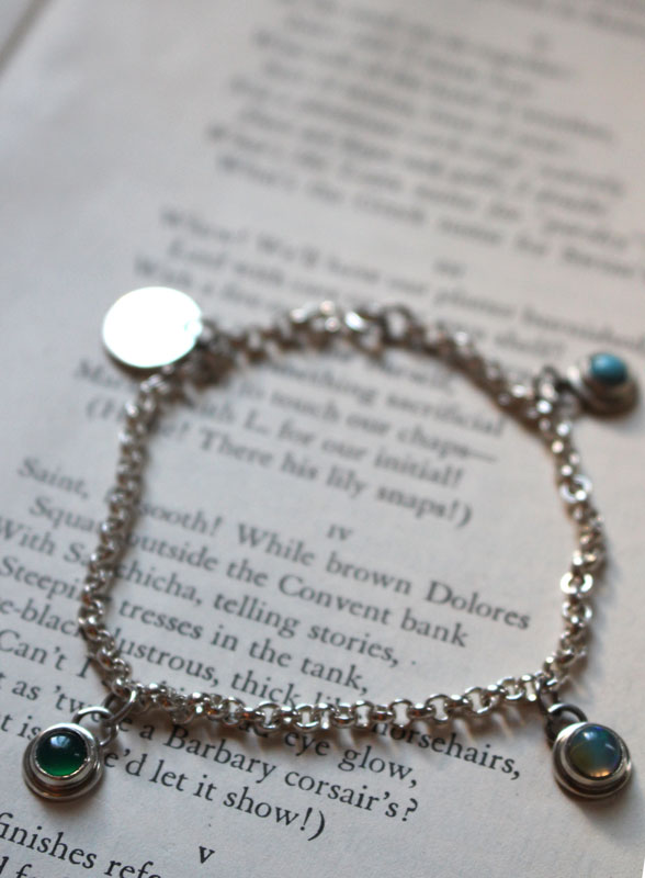 Birthstones, family bracelet in silver, opal, turquoise and onyx