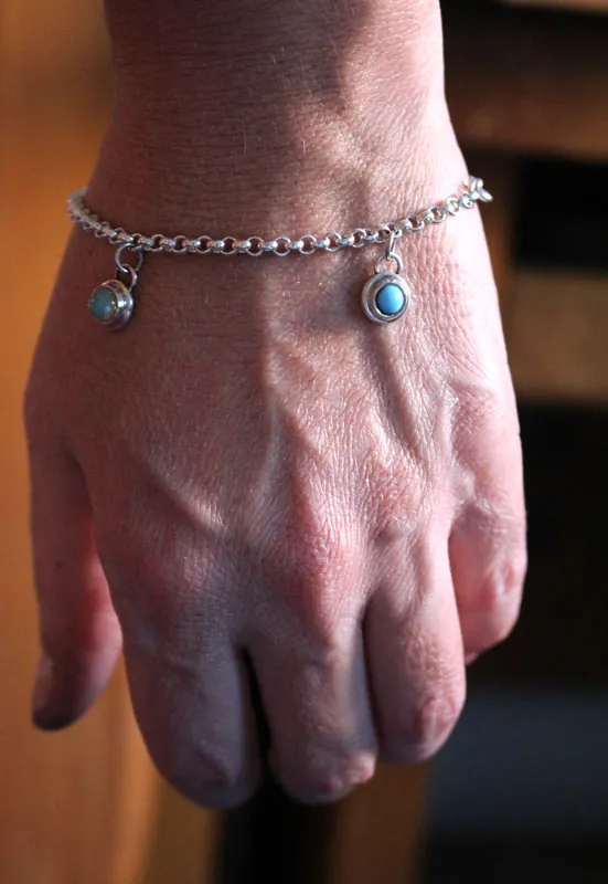 Birthstones, family bracelet in silver, opal, turquoise and onyx