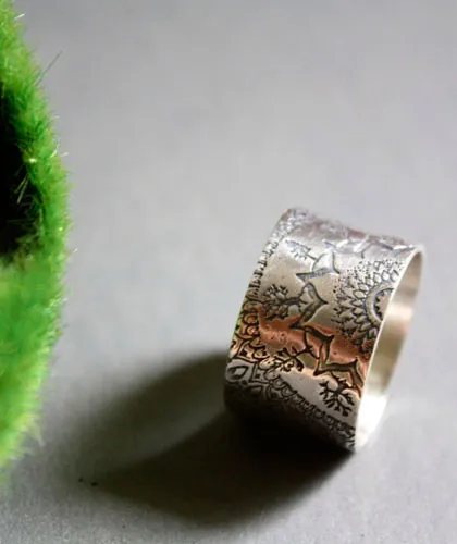 Blessed, forest mandala ring in sterling silver