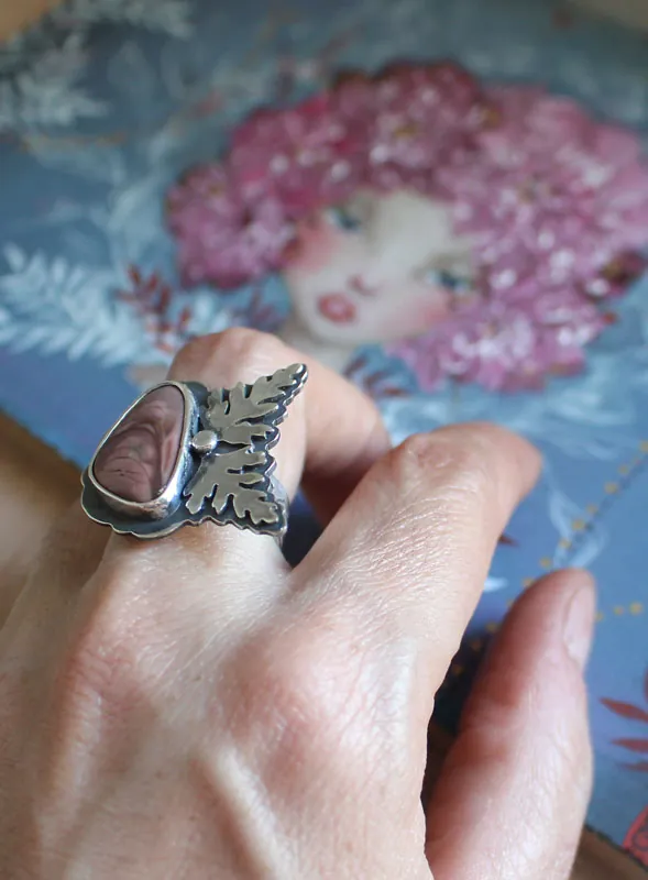 Bloom, botanical growth ring in silver and imperial jasper