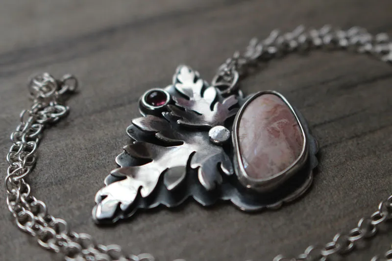 Blooming, botanical necklace in silver, pink tourmaline and rhodochrosite