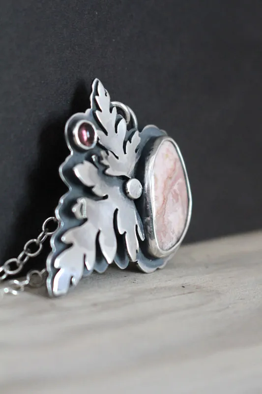Blooming, botanical necklace in silver, pink tourmaline and rhodochrosite