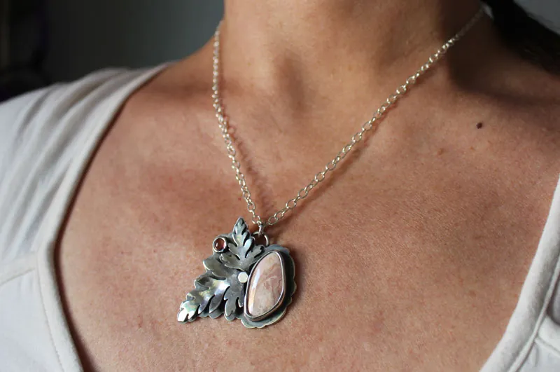 Blooming, botanical necklace in silver, pink tourmaline and rhodochrosite
