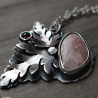 Blooming, botanical necklace in silver, pink tourmaline and rhodochrosite
