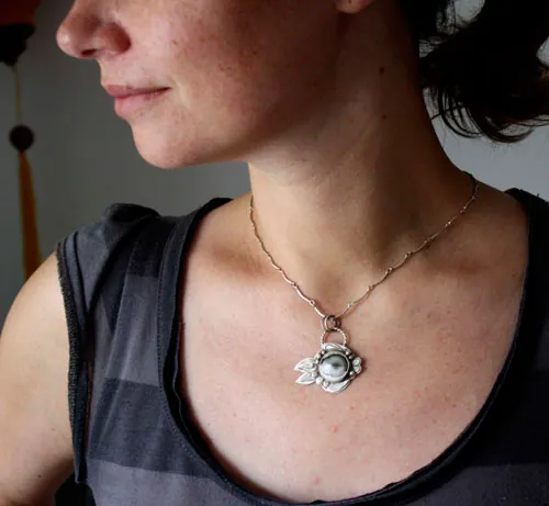 Blowfish, fugu fish, pufferfish pendant in silver and ocean jasper