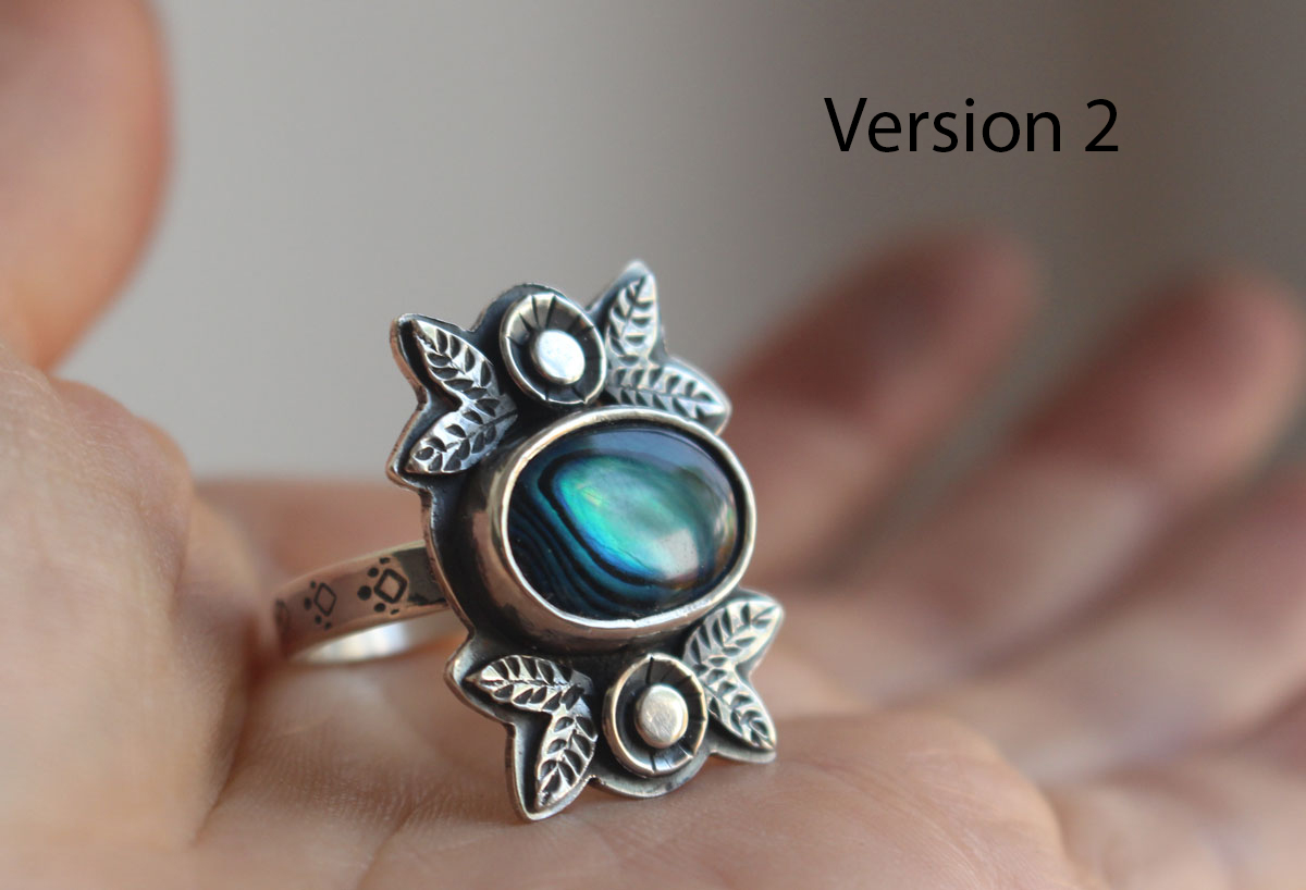 Blue from the sea, flower and shell ring in silver and paua