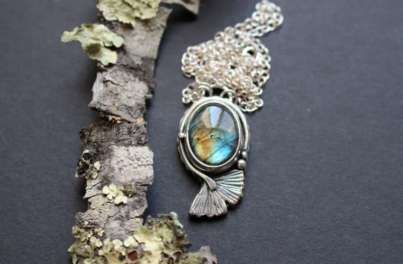 Blue ginkgo, sky leaf necklace in silver and labradorite