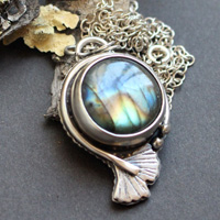 Blue ginkgo 2, sky leaf necklace in silver and labradorite