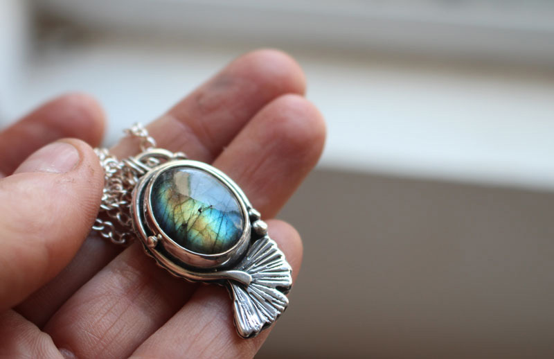 Blue ginkgo, sky leaf necklace in silver and labradorite