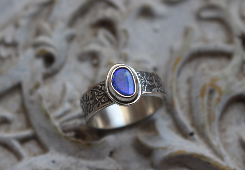 Blue iris, flower ring in silver and boulder opal