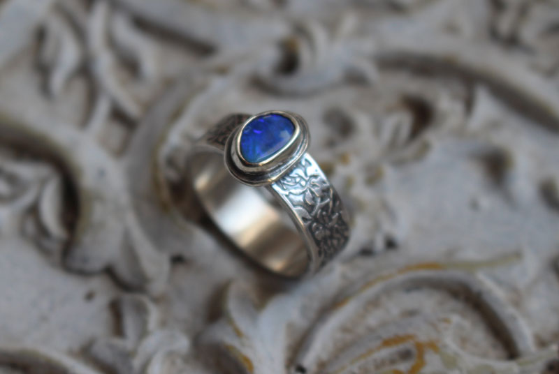 Blue iris, flower ring in silver and boulder opal