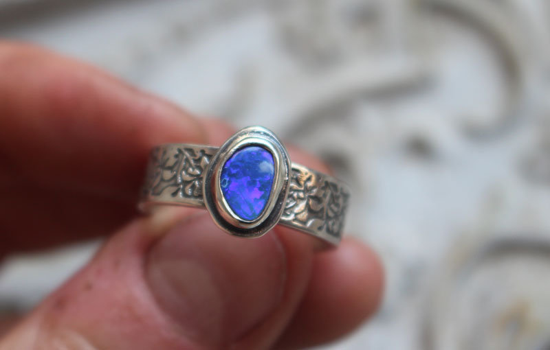 Blue iris, flower ring in silver and boulder opal
