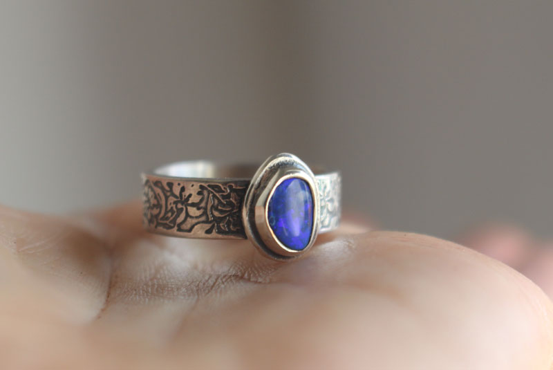 Blue iris, flower ring in silver and boulder opal