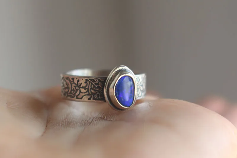 Blue iris, flower ring in silver and boulder opal