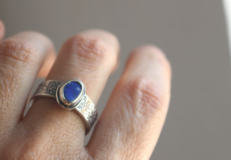 Blue iris, flower ring in silver and boulder opal
