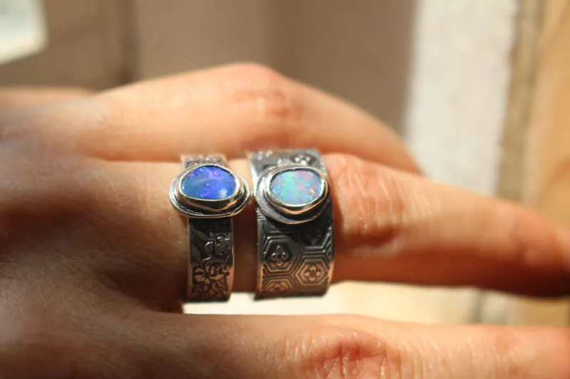 Blue iris, flower ring in silver and boulder opal