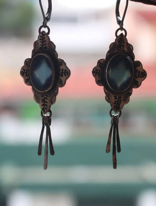 Bohemian, oriental earrings in silver and blue agate