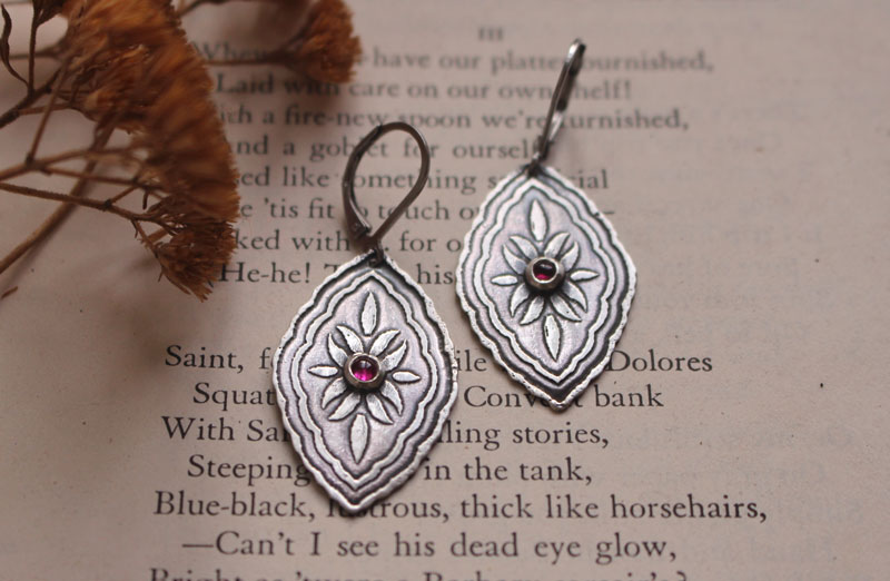 Bougainvillea, baroque botanical earrings in silver and ruby