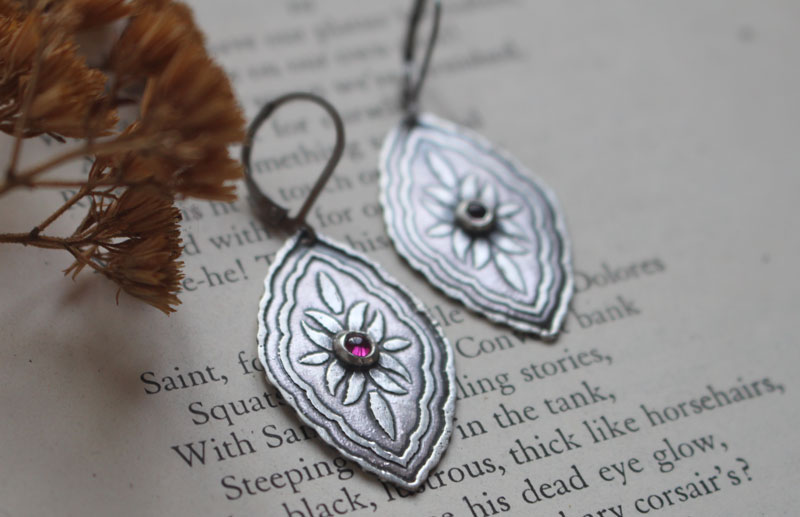 Bougainvillea, baroque botanical earrings in silver and ruby
