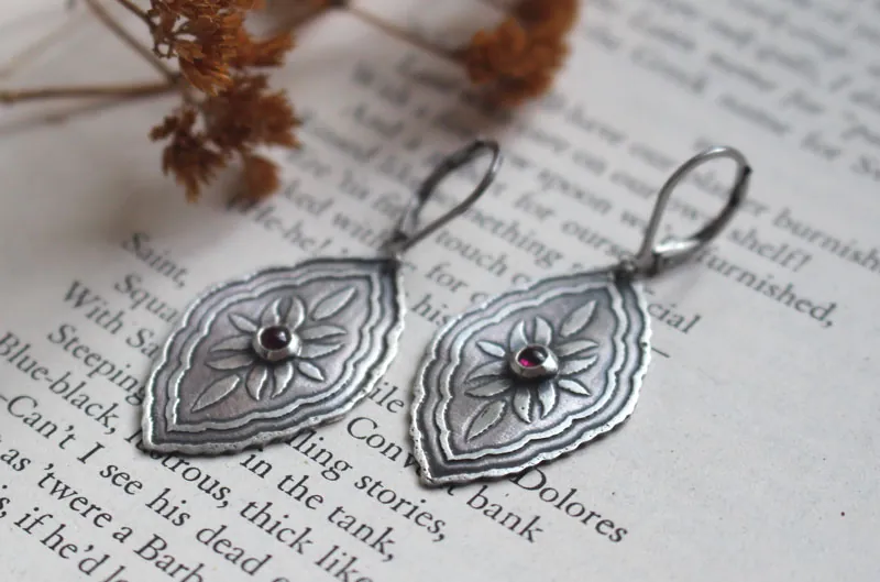 Bougainvillea, baroque botanical earrings in silver and ruby