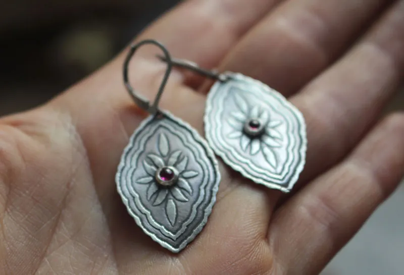 Bougainvillea, baroque botanical earrings in silver and ruby