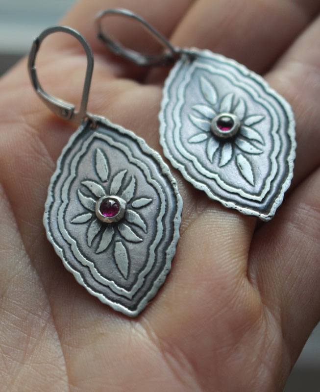 Bougainvillea, baroque botanical earrings in silver and ruby