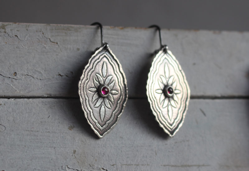 Bougainvillea, baroque botanical earrings in silver and ruby