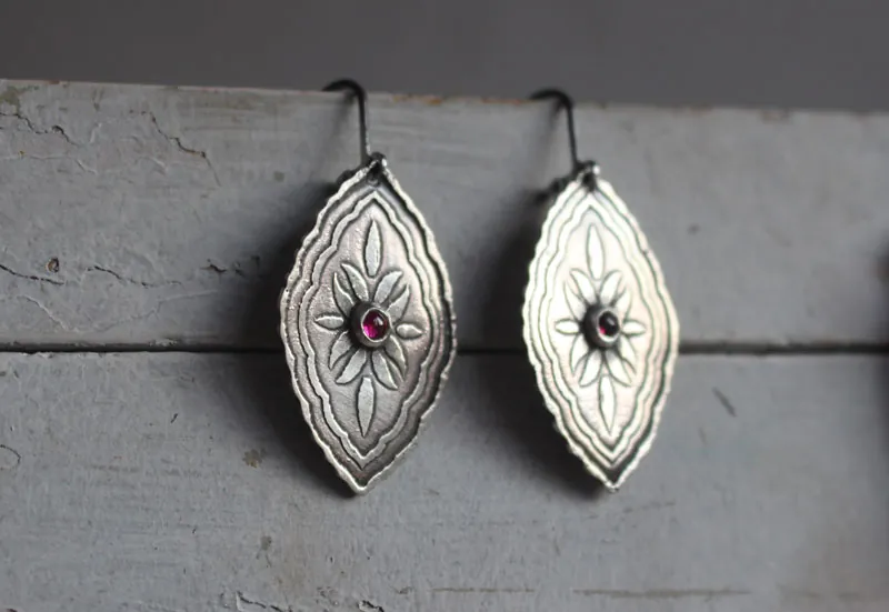 Bougainvillea, baroque botanical earrings in silver and ruby