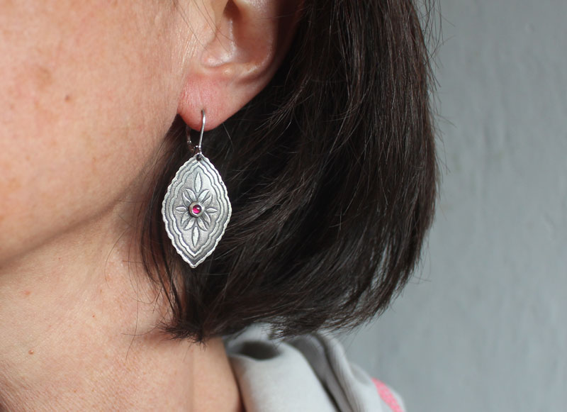 Bougainvillea, baroque botanical earrings in silver and ruby