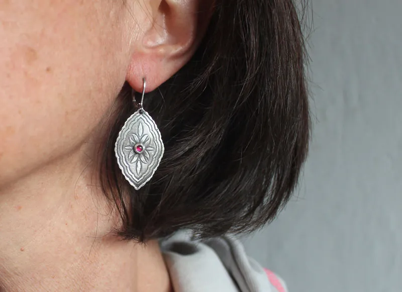 Bougainvillea, baroque botanical earrings in silver and ruby
