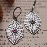 Bougainvillea, baroque botanical earrings in silver and ruby