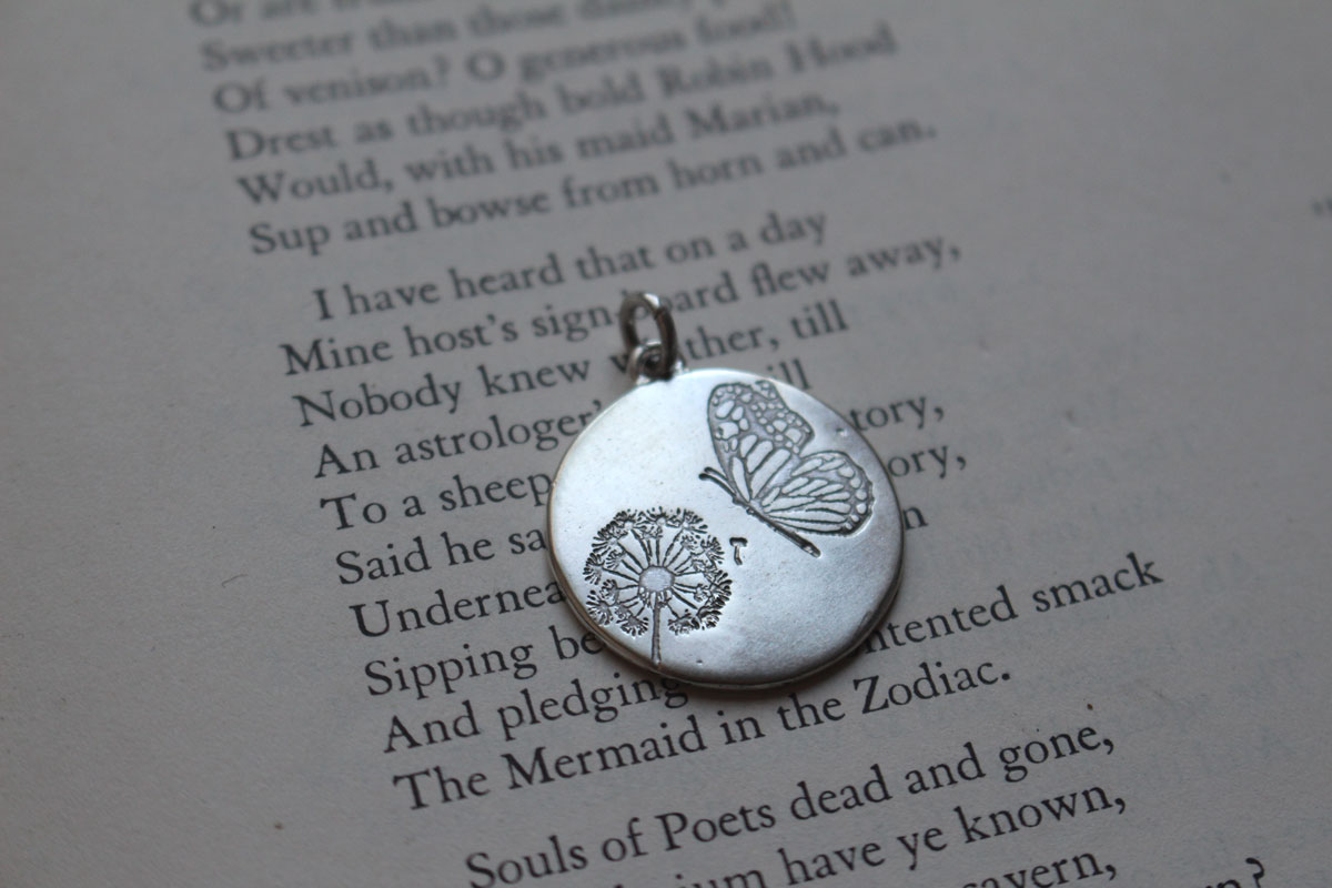 Butterfly and dandelion, bucolic and romantic pendant in silver