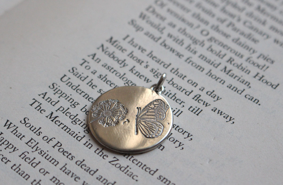 Butterfly and dandelion, bucolic and romantic pendant in silver