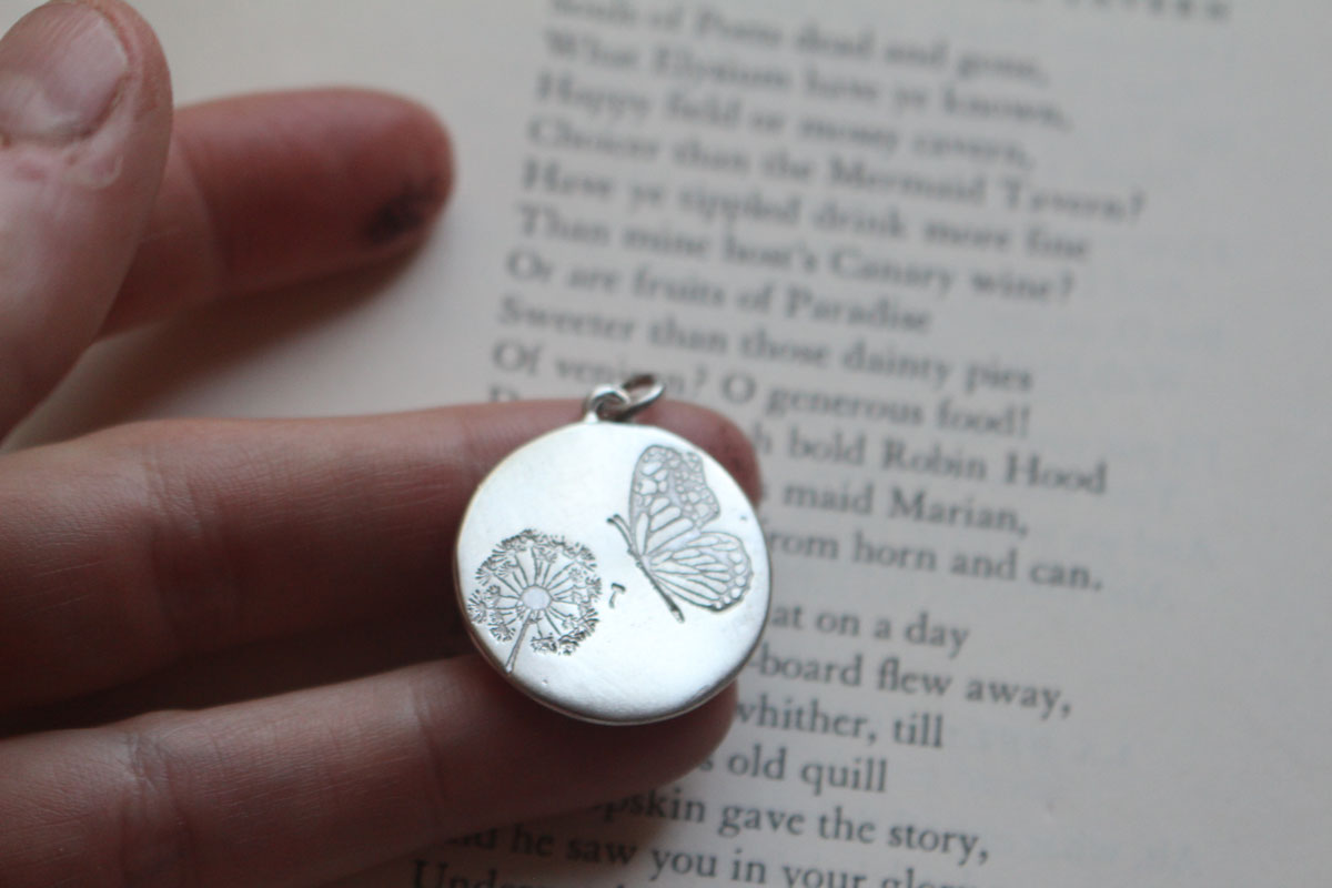 Butterfly and dandelion, bucolic and romantic pendant in silver