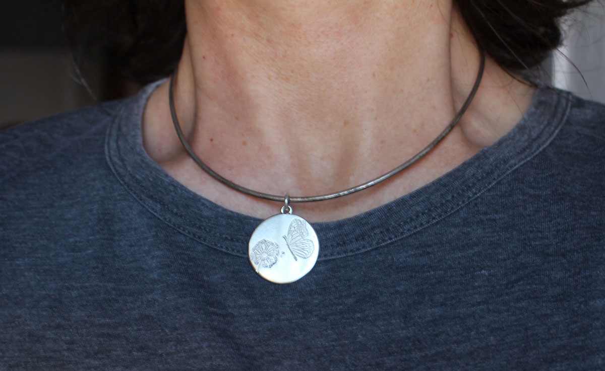 Butterfly and dandelion, bucolic and romantic pendant in silver