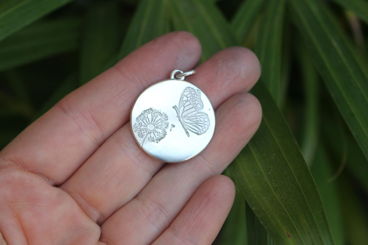 Butterfly and dandelion, bucolic and romantic pendant in silver