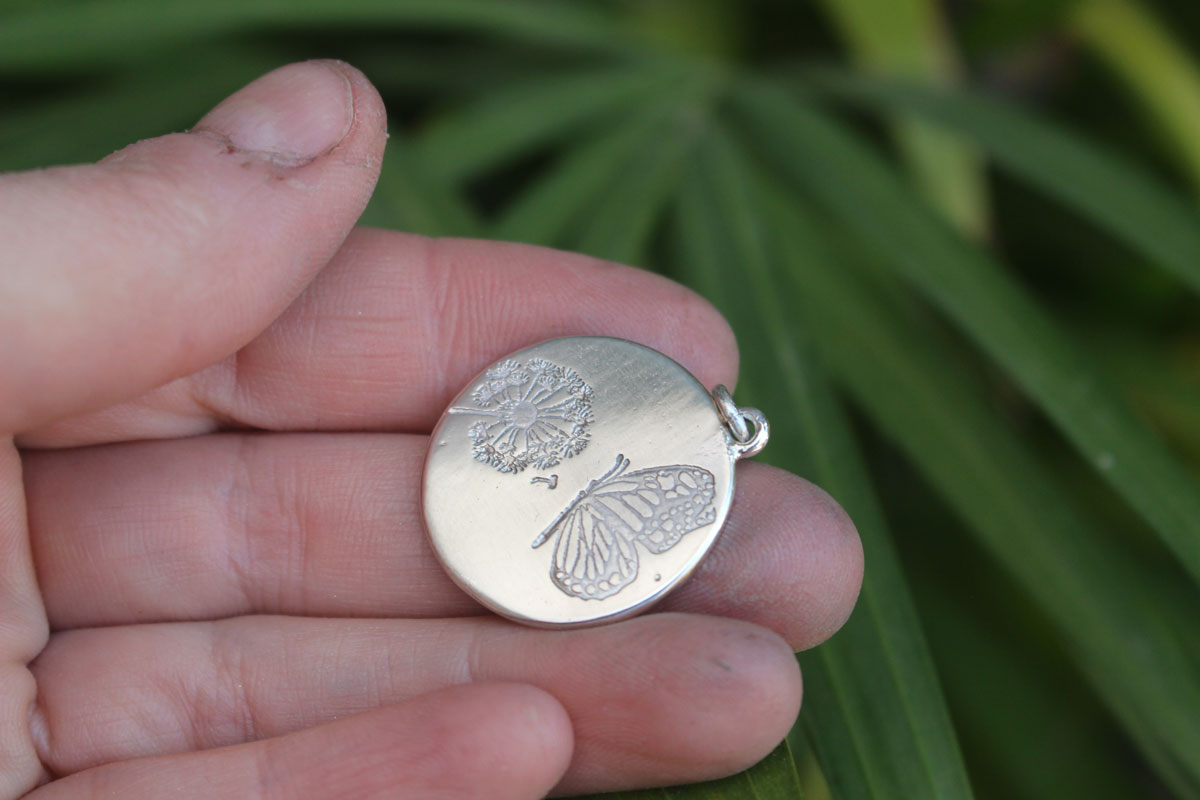 Butterfly and dandelion, bucolic and romantic pendant in silver