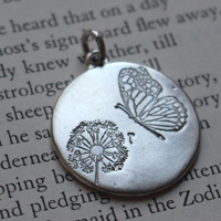 Butterfly and dandelion, bucolic and romantic pendant in silver
