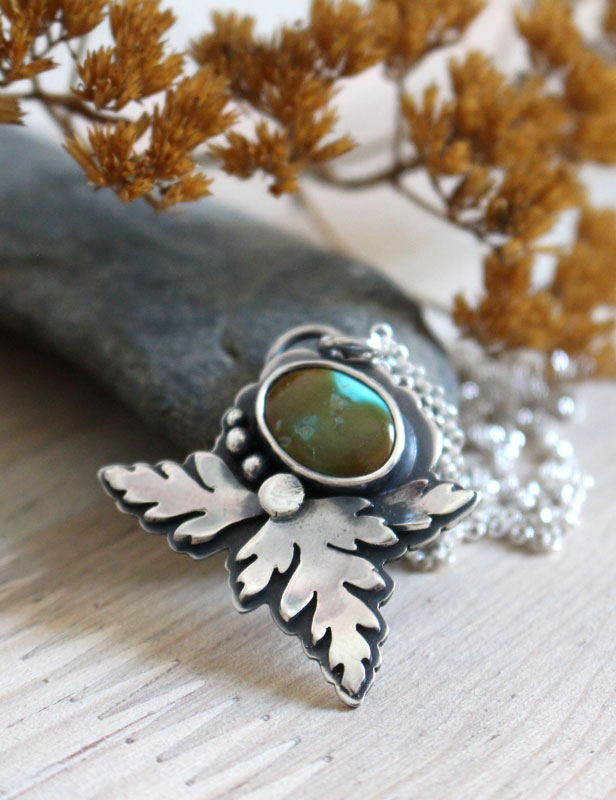 Bark leaf, botanical necklace in sterling silver and Royston turquoise