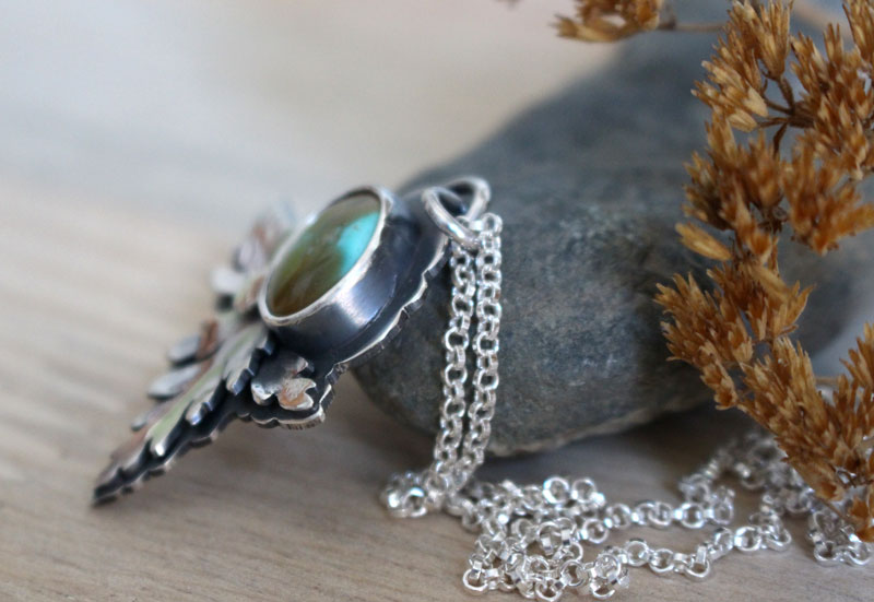 Bark leaf, botanical necklace in sterling silver and Royston turquoise