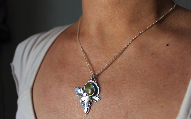 Bark leaf, botanical necklace in sterling silver and Royston turquoise