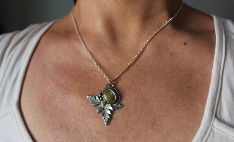 Bark leaf, botanical necklace in sterling silver and Royston turquoise