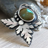 Bark leaf, botanical necklace in sterling silver and Royston turquoise