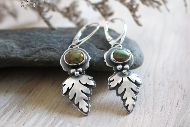 Bark leaves, botanical necklace in sterling silver and Royston turquoise