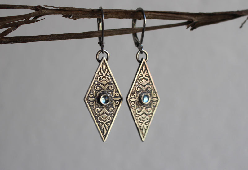 Belladonna, Renaissance floral earrings in silver and blue zircon